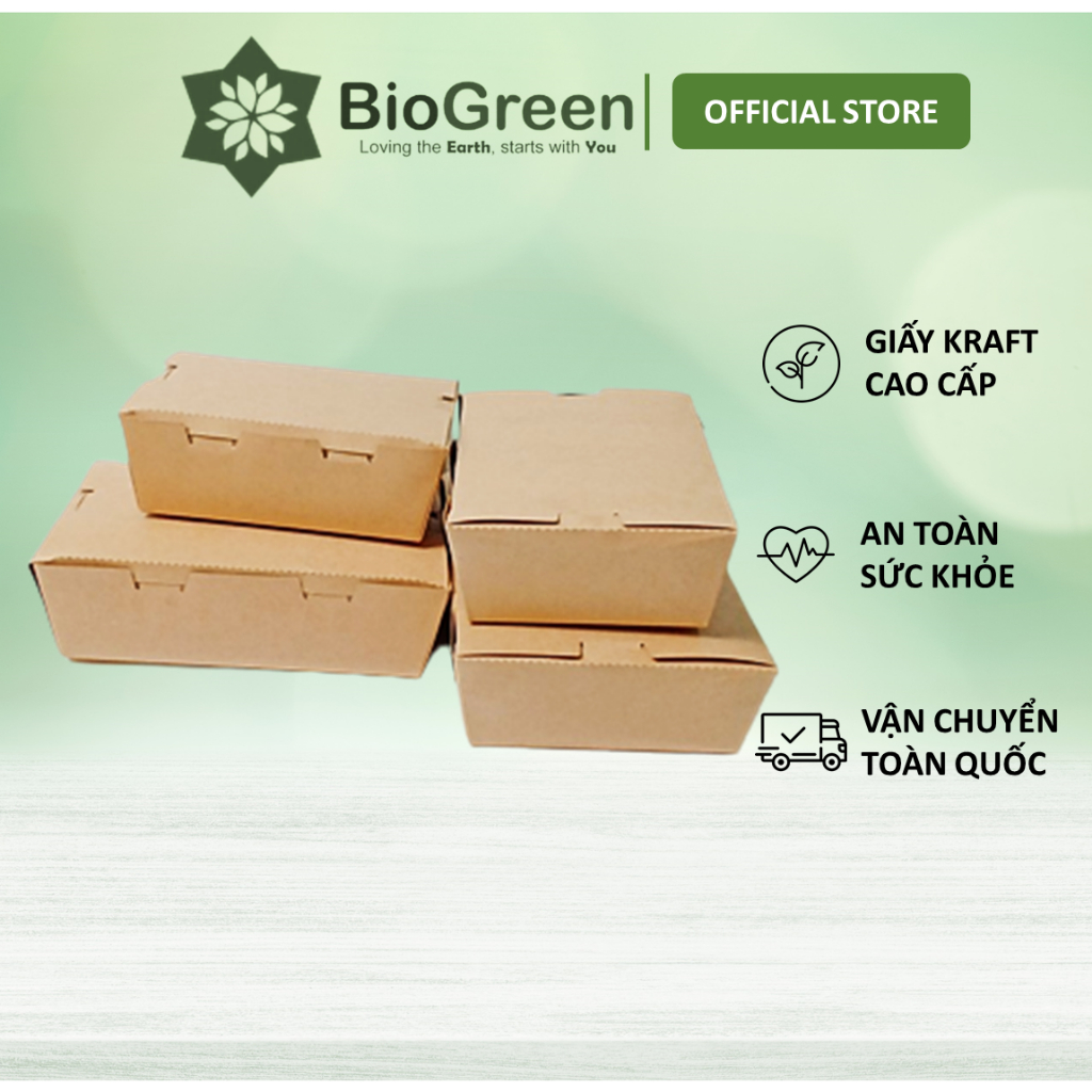 50 Hộp giấy kraft đựng thức ăn, gói quần áo nắp vuông gài kín 750ml, 1000ml, 1500ml