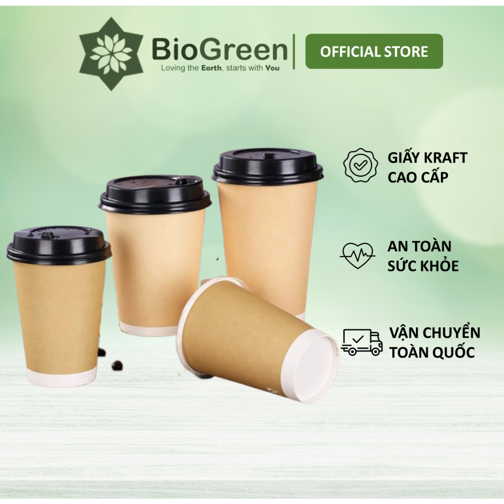 50 ly giấy kraft có nắp,2 lớp 1PE 260ml - 9oz, 360ml - 12oz, 500ml - 16oz chịu nhiệt dùng 1 lần