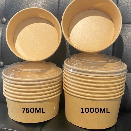 50 TÔ GIẤY KRAFT NÂU(330GSM) 750ml, 1000ml dùng một lần có nắp đựng thức ăn, salad, tô take away