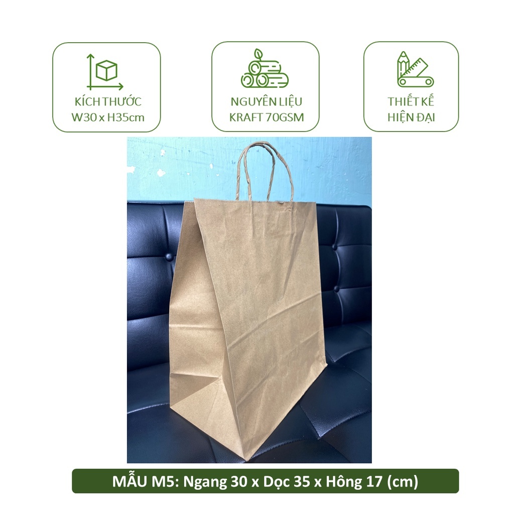 SET 50 Túi quai giấy trắng/nâu glassine dl 58gsm có quai tròn, giấy kraft cao cấp.