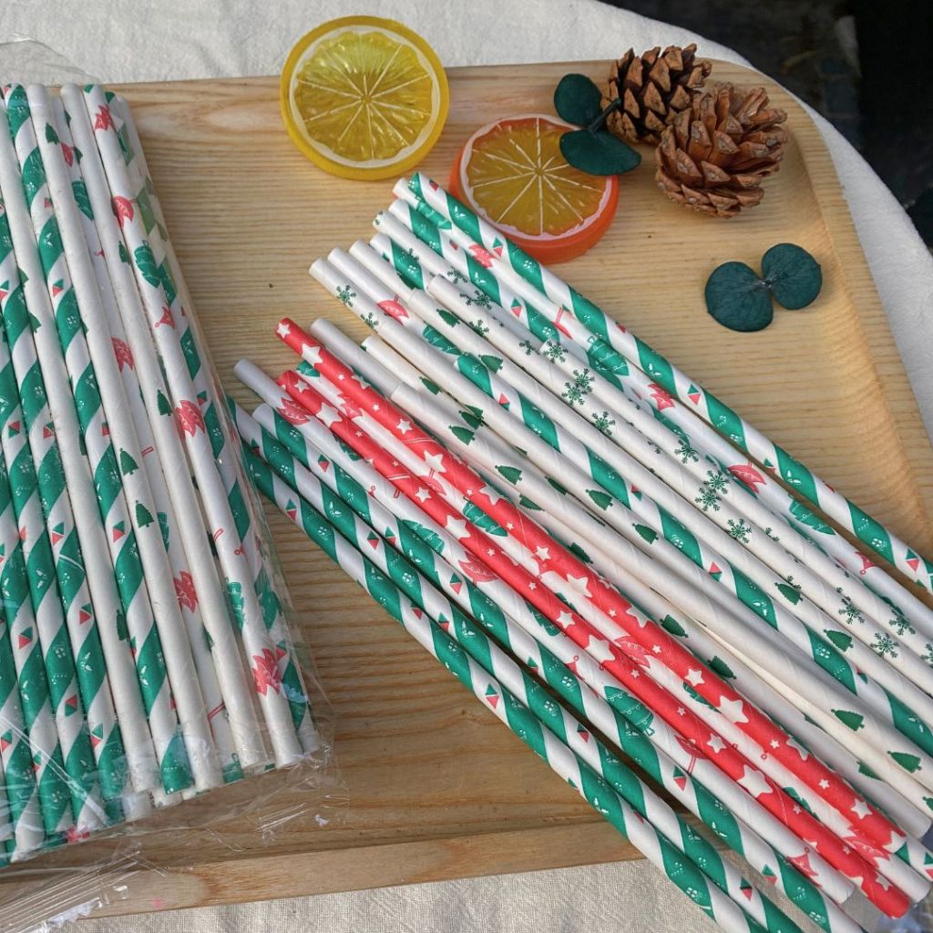 100 ống hút giấy 3 lớp phi 6 x 197mm, họa tiết, party, Noel, nhiều màu, theo mùa