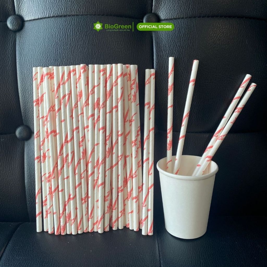 100 ống hút giấy 3 lớp phi 6 x 197mm, họa tiết, party, Noel, nhiều màu, theo mùa