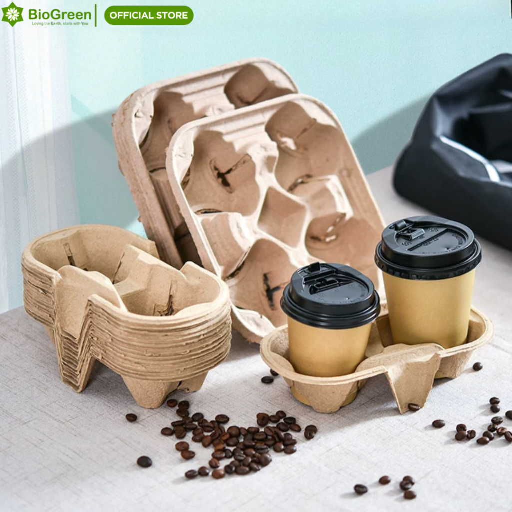 Set 10 khay giấy đựng ly 2 ngăn, 4 ngăn đựng cofee, trà sữa,... tiện dụng thân thiện với môi trường