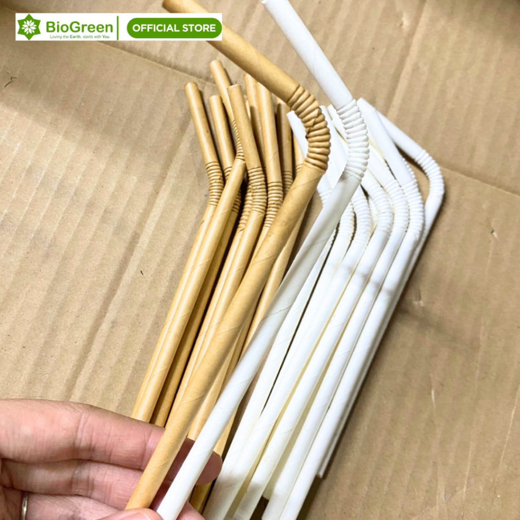 1000 ống hút giấy cong Biogreen màu trắng, kraft dùng uống cafe, sinh tố