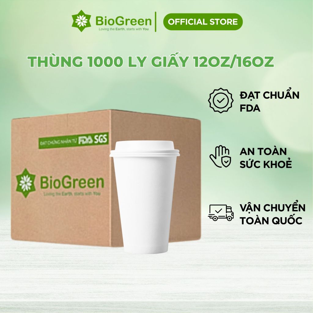 Thùng 100 Ly/cốc giấy  cao cấp 360ml-12oz, 500ml-16oz màu trắng ly trà sữa trân châu, sinh tố