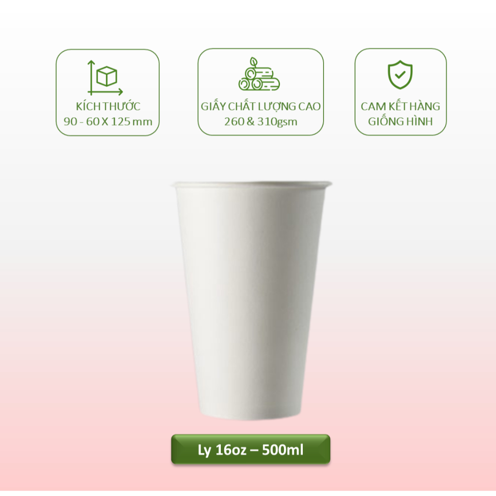 Thùng 100 Ly/cốc giấy  cao cấp 360ml-12oz, 500ml-16oz màu trắng ly trà sữa trân châu, sinh tố
