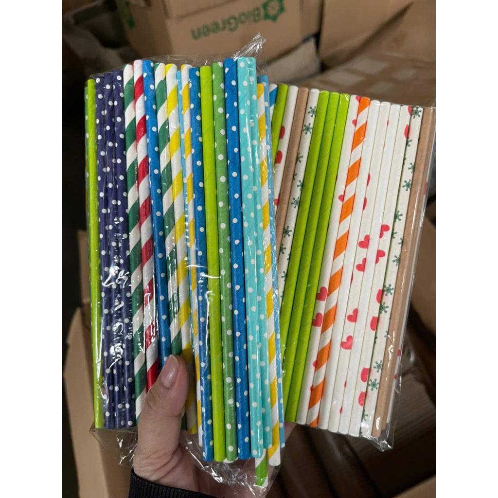 100 ống hút giấy 3 lớp phi 6 x 197mm, họa tiết, party, Noel, nhiều màu, theo mùa