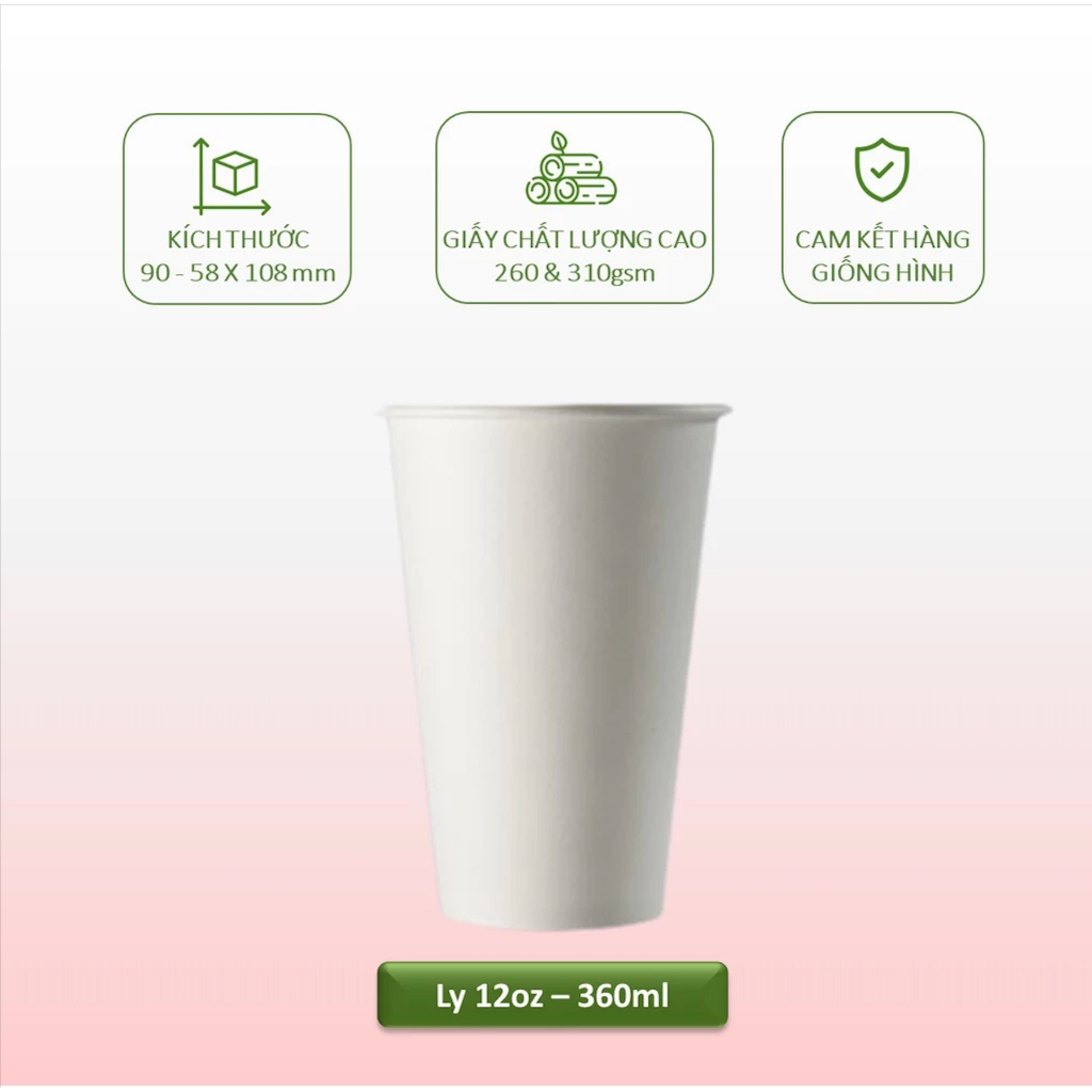 Thùng 200 ly/ cốc giấy Biogreen 12oz - 360ml màu trắng, màu nâu kraft có nắp, 2 lớp 1PE dùng 1 lần