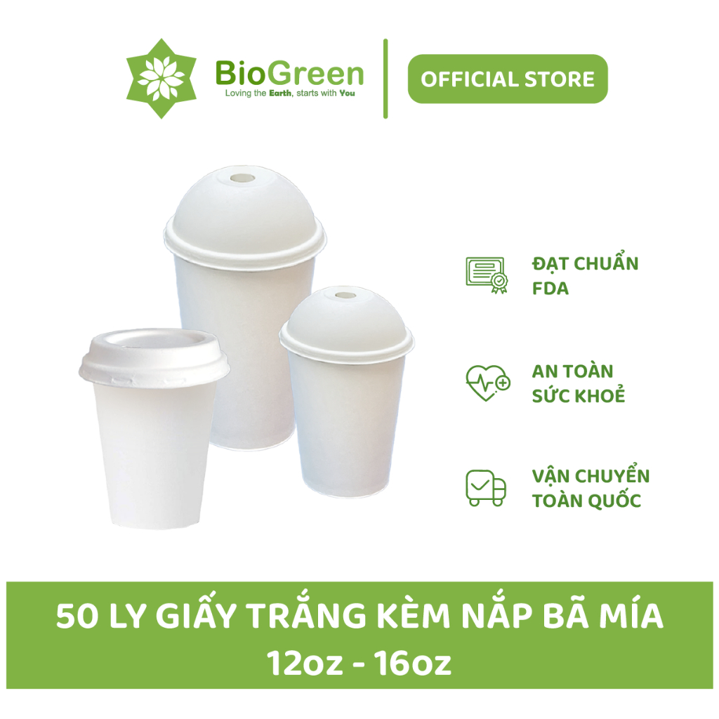 50 ly cốc giấy trắng nắp bã mía 12oz-360ml,16oz - 500ml dùng 1 lần