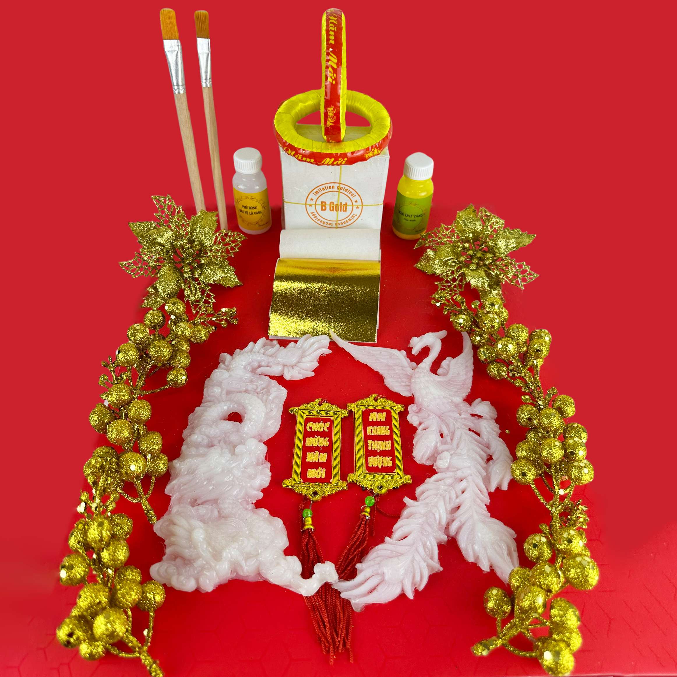 Combo dát dừa kèm phụ kiện trang trí Long Phụng Sum Vầy (dát đủ 2 quả dừa)