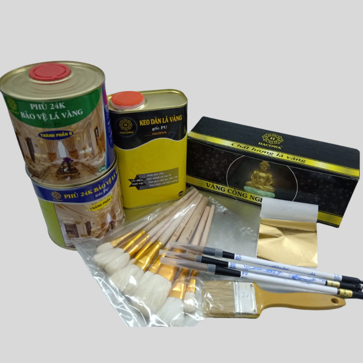 Combo 2500 lá K dai Hacowa kèm keo PU, phủ 24k bút chổi