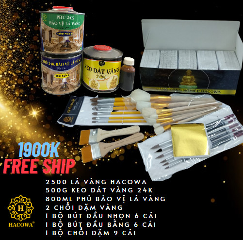 Combo 2500 lá vàng Hacowa kèm keo 24k phủ bảo vệ, bút chổi dành cho sản phẩm gỗ, nhựa, kim loại