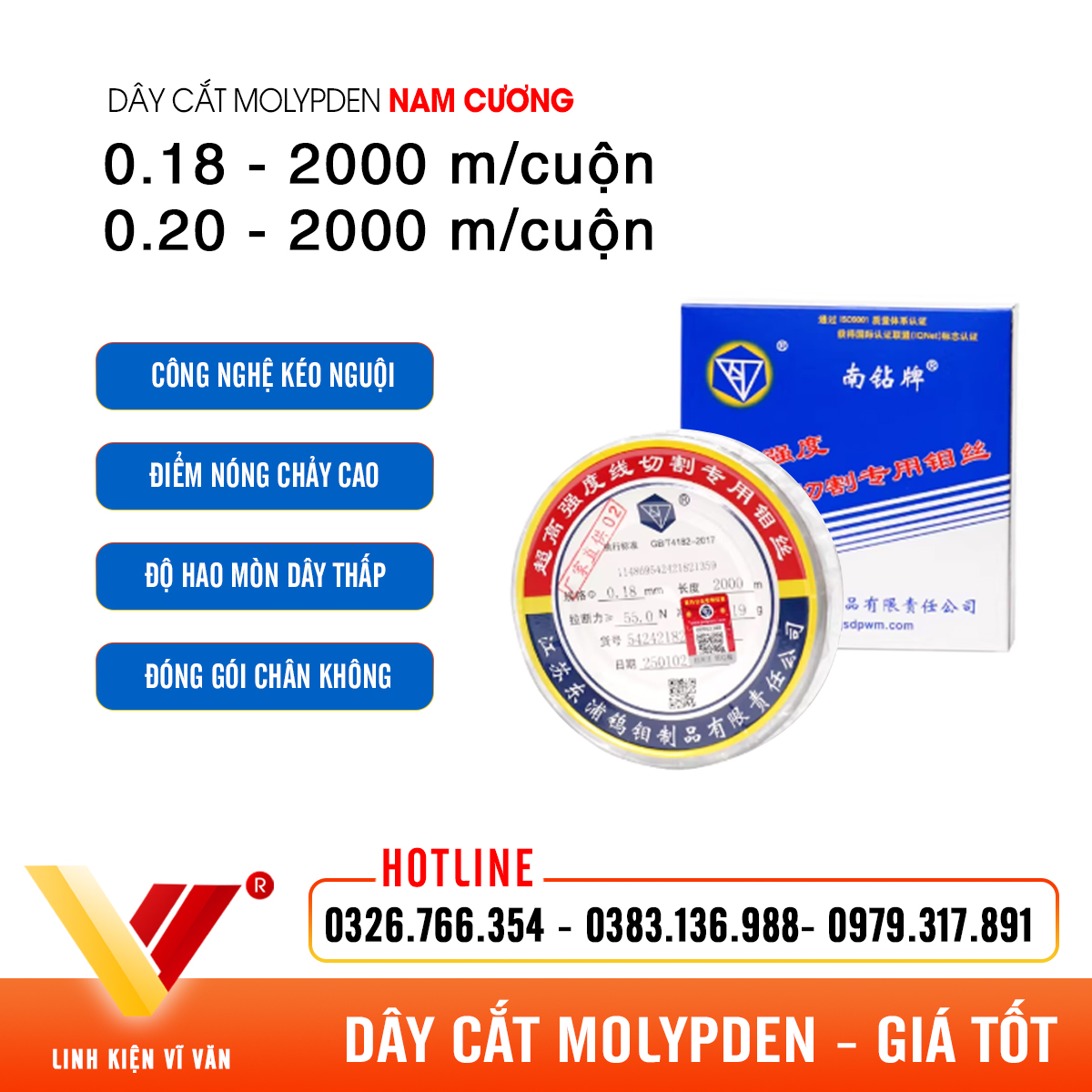 Dây cắt Molypden Nam Cương 0.18mm chính hãng | Vĩ Văn