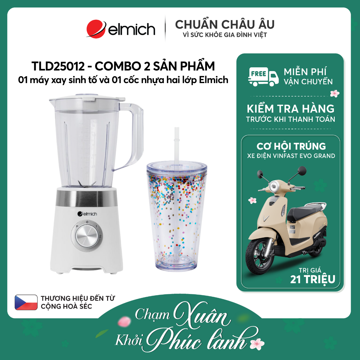 Combo 01 máy xay sinh tố và 01 cốc nhựa 2 lớp Elmich - TLD25012