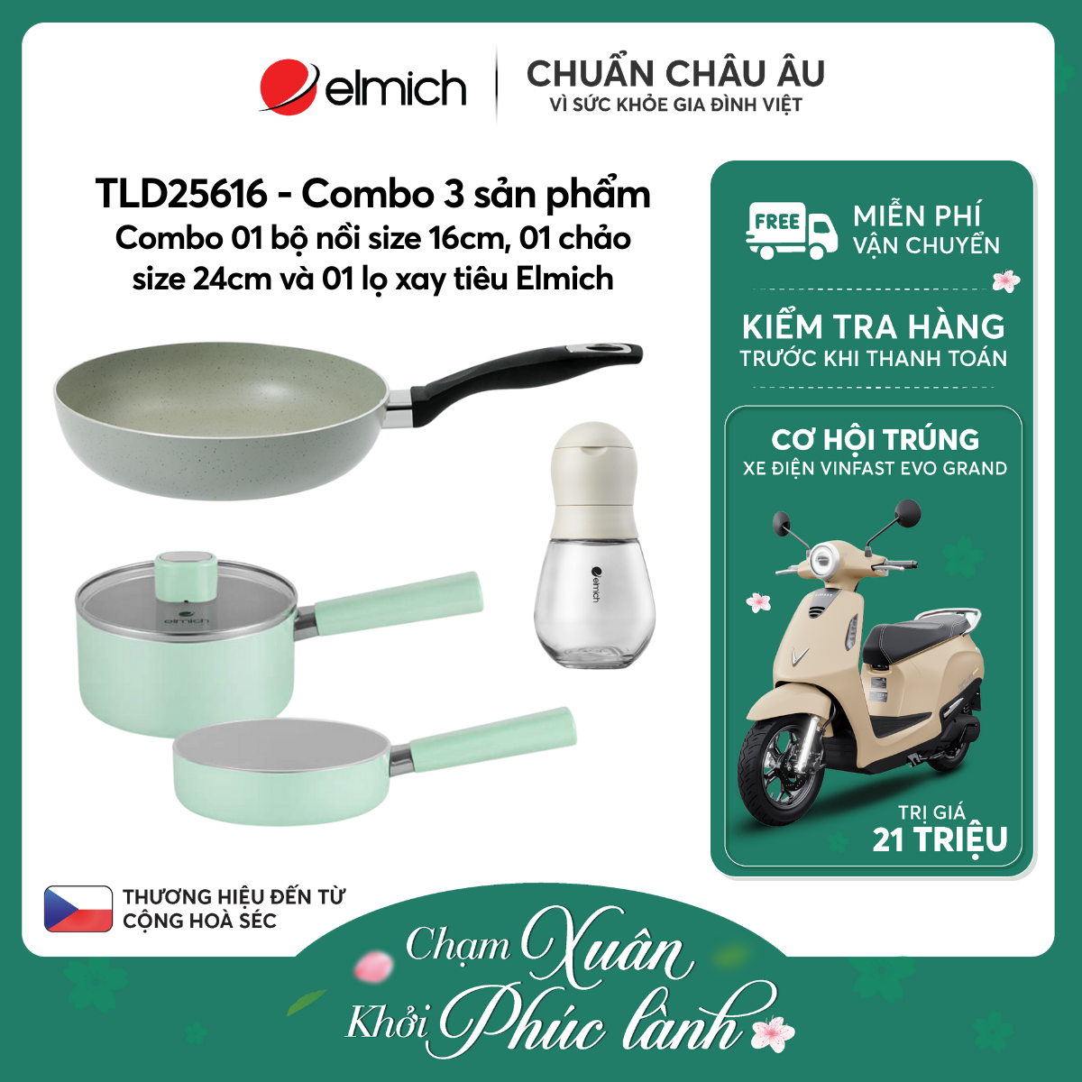 Combo 01 bộ nồi size 16cm, 01 chảo size 24cm và 01 lọ xay tiêu Elmich - TLD25616