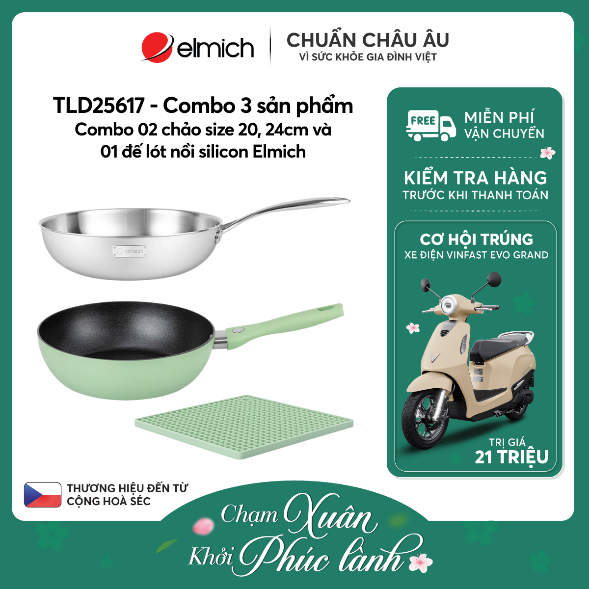 Combo 02 chảo size 20, 24cm và 01 đế lót nồi silicon Elmich - TLD25617