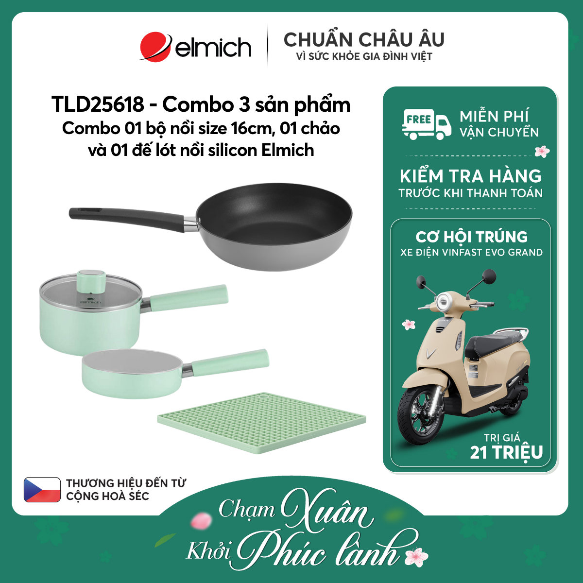 Combo 01 bộ nồi size 16cm, 01 chảo và 01 đế lót nồi silicon Elmich - TLD25618