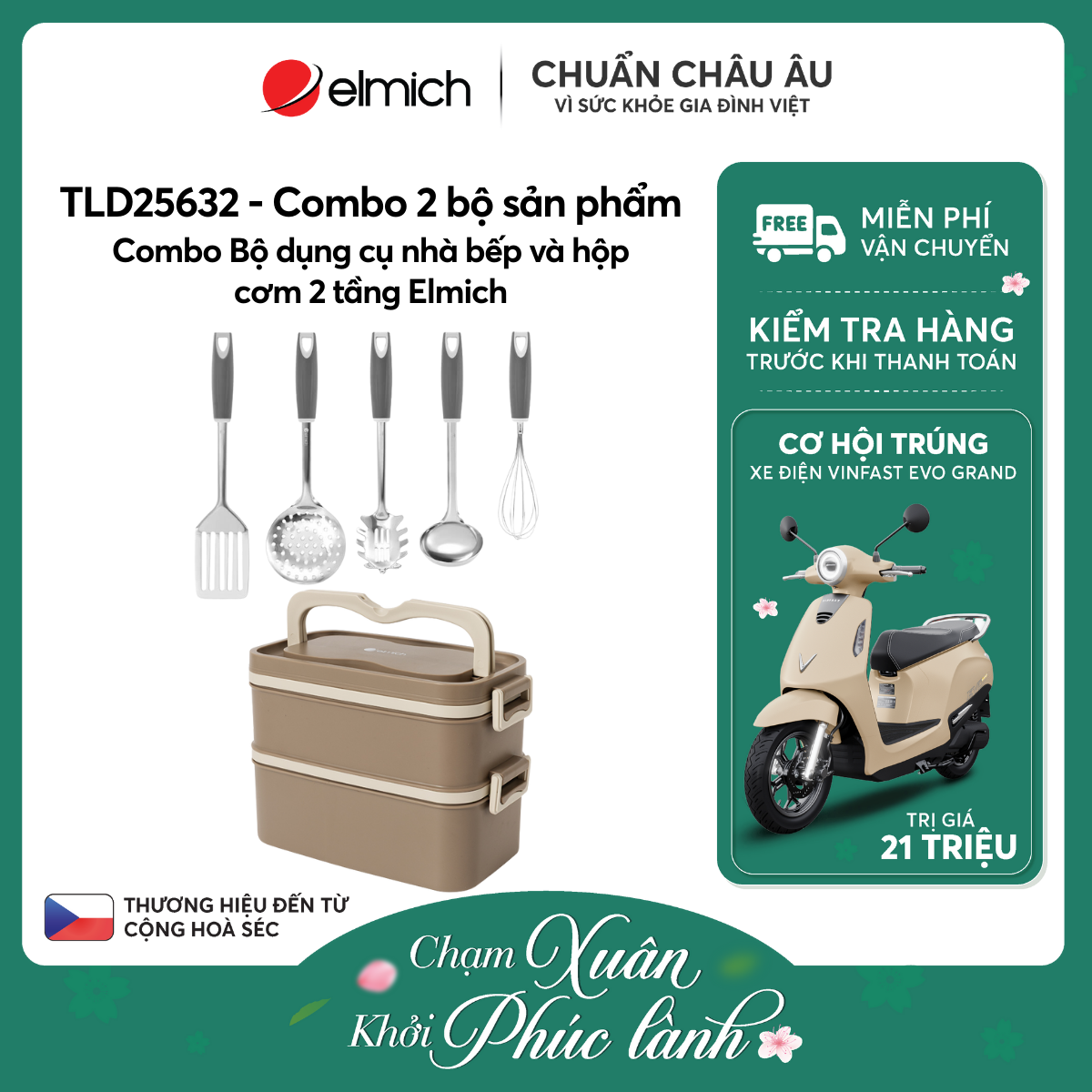 Combo Bộ dụng cụ nhà bếp và hộp cơm 2 tầng Elmich - TLD25632