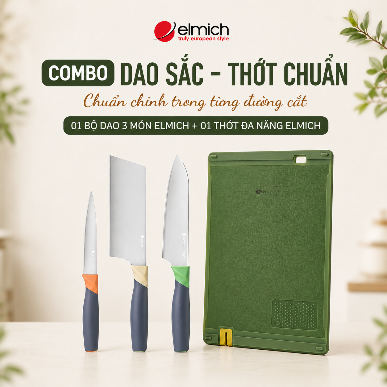 Combo 01 bộ dao 3 món Elmich và 01 thớt đa năng
