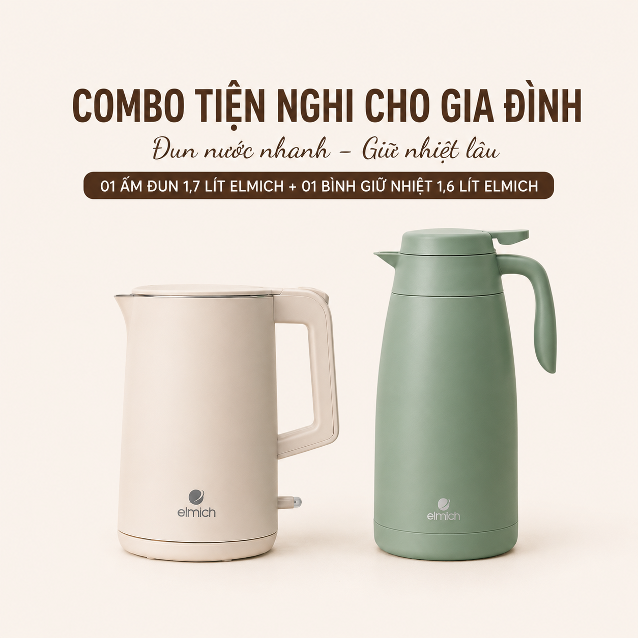 Combo 01 Ấm đun 1,7 lít Elmich + 01 Bình giữ nhiệt gia đình 1,6 lít Elmich