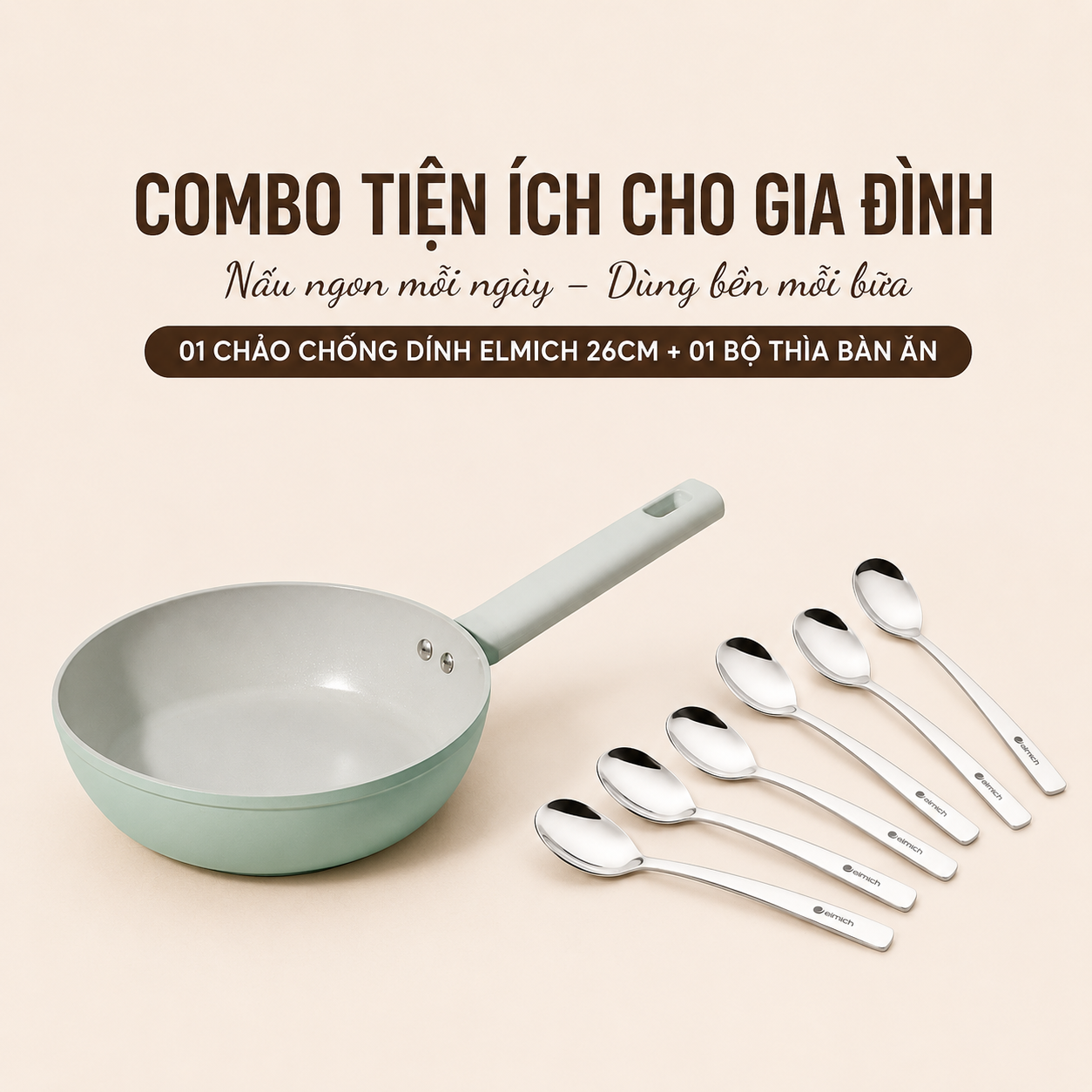 Combo 01 Chảo chống dính Elmich size 26cm và 01 Bộ thìa bàn ăn