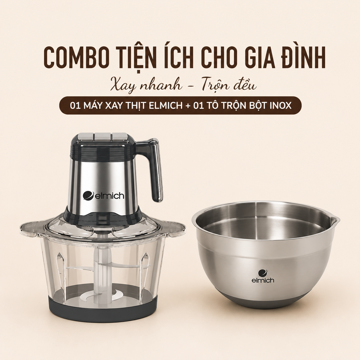 Combo 01 Máy xay thịt Elmich và 01 Tô trộn bột inox