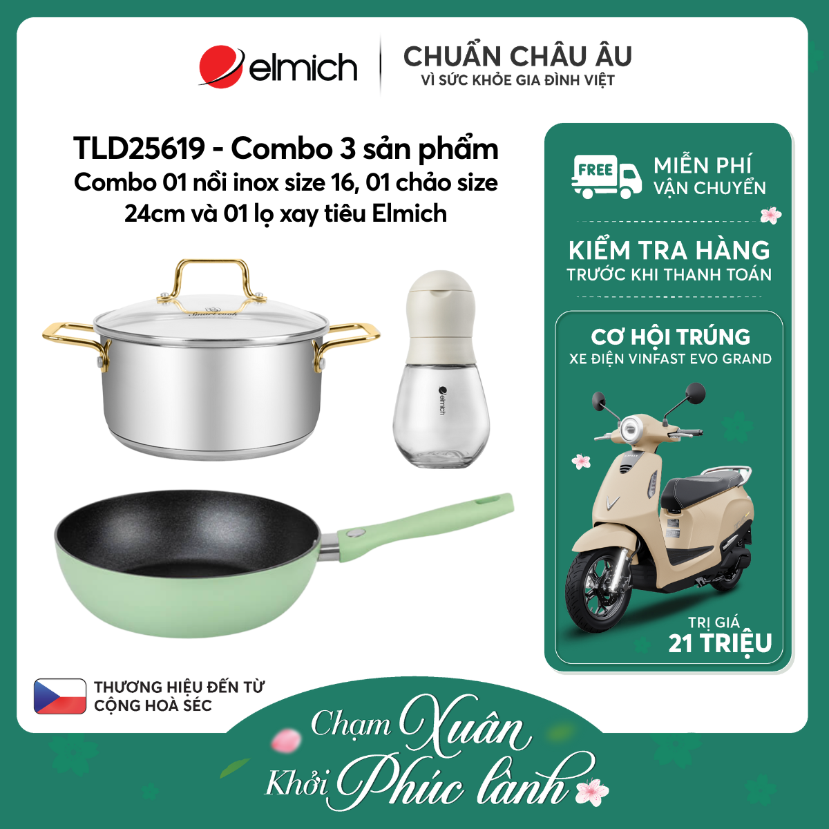Combo 01 nồi inox Smartcook size 16, 01 chảo size 24cm và 01 lọ xay tiêu Elmich - TLD25619