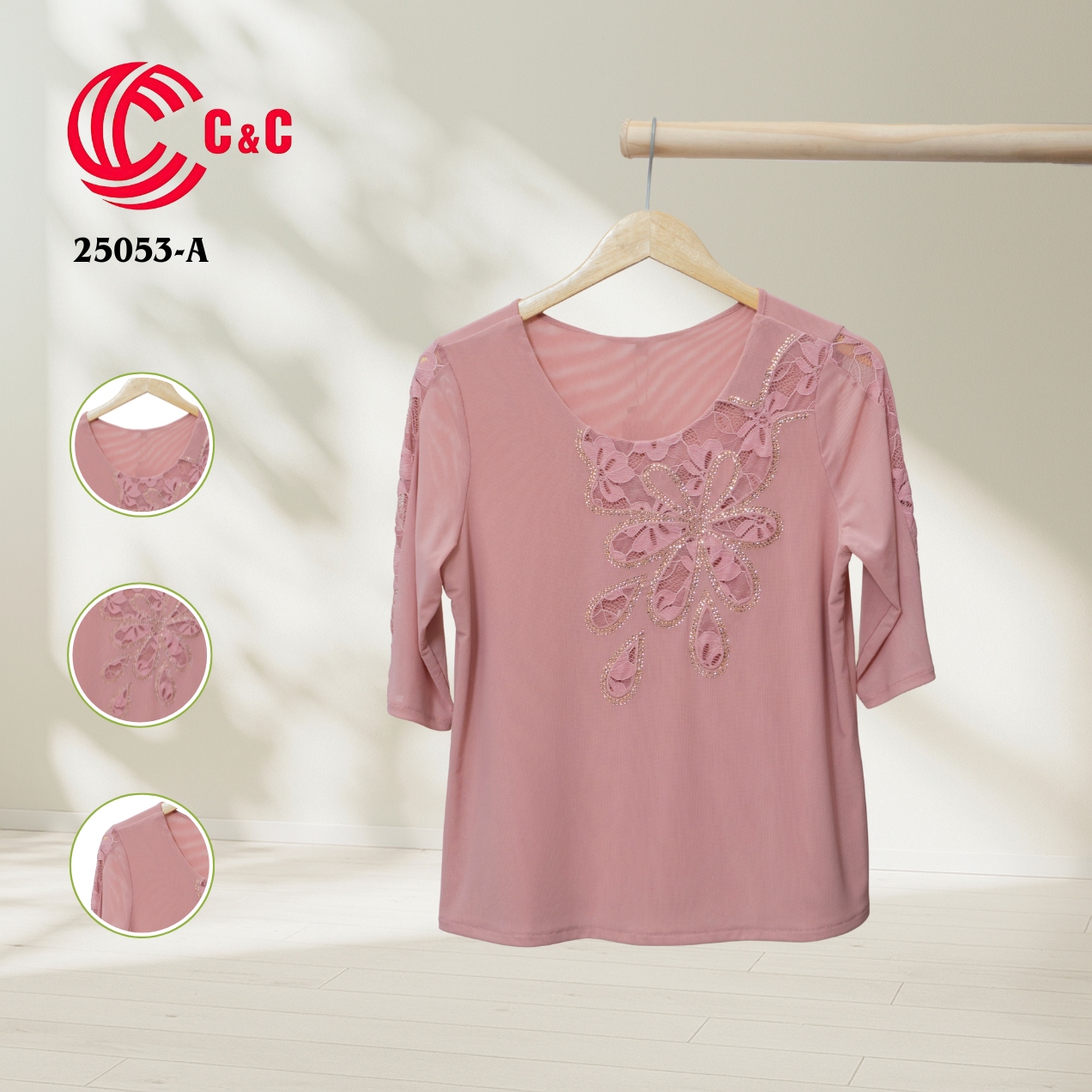 25053 - Round Neck Lace Overlay with Embroidered Floral Design in 8 Colors