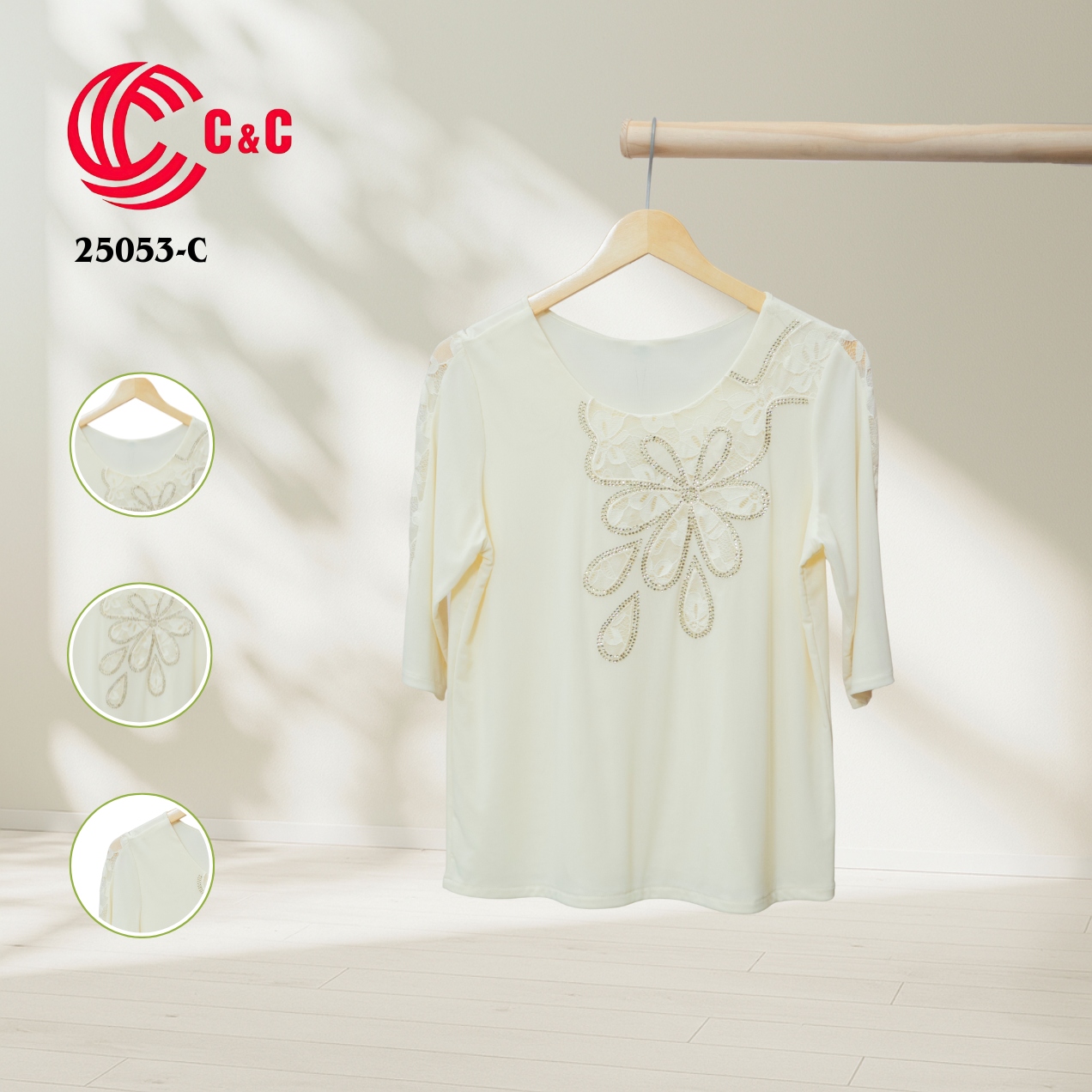 25053 - Round Neck Lace Overlay with Embroidered Floral Design in 8 Colors