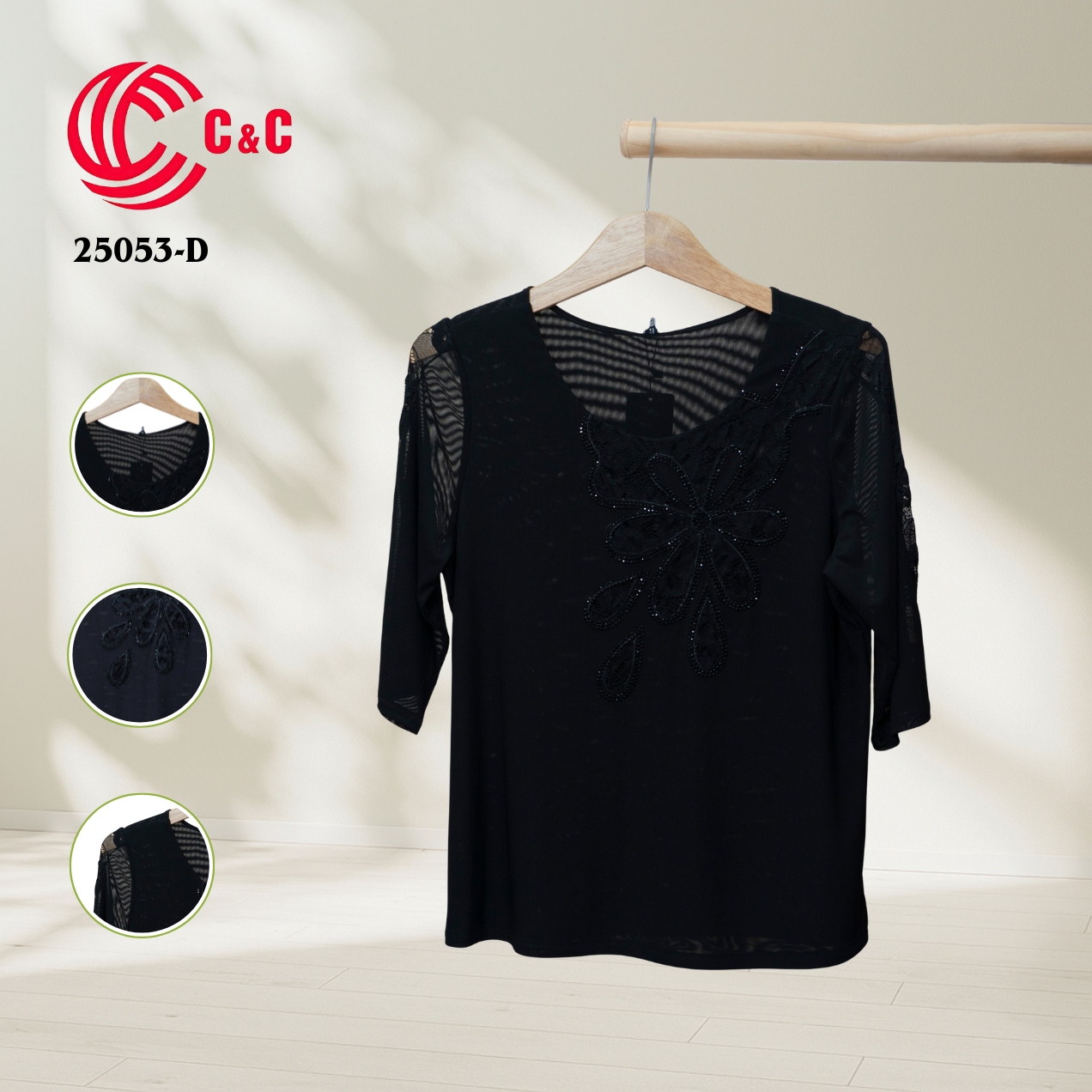 25053 - Round Neck Lace Overlay with Embroidered Floral Design in 8 Colors