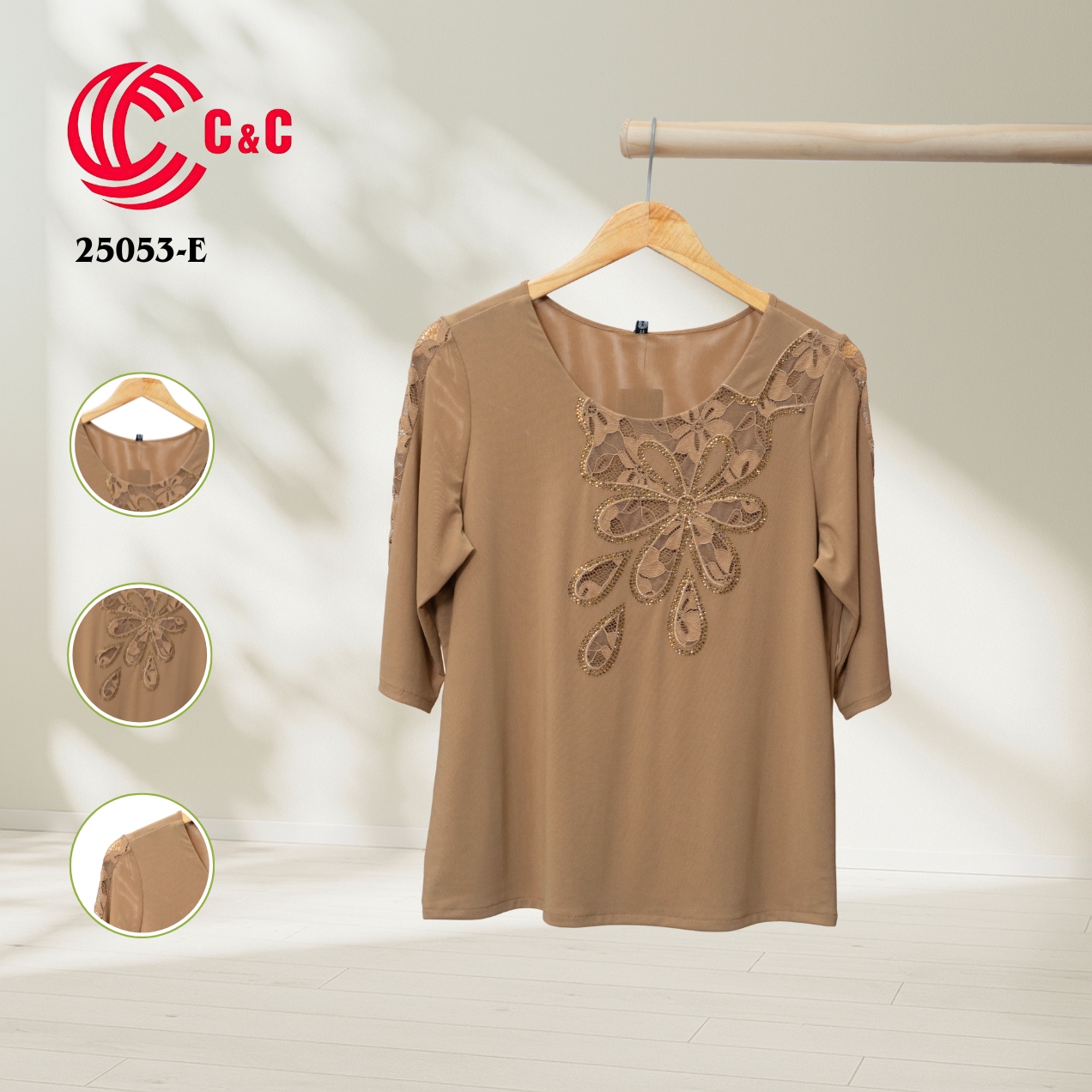 25053 - Round Neck Lace Overlay with Embroidered Floral Design in 8 Colors