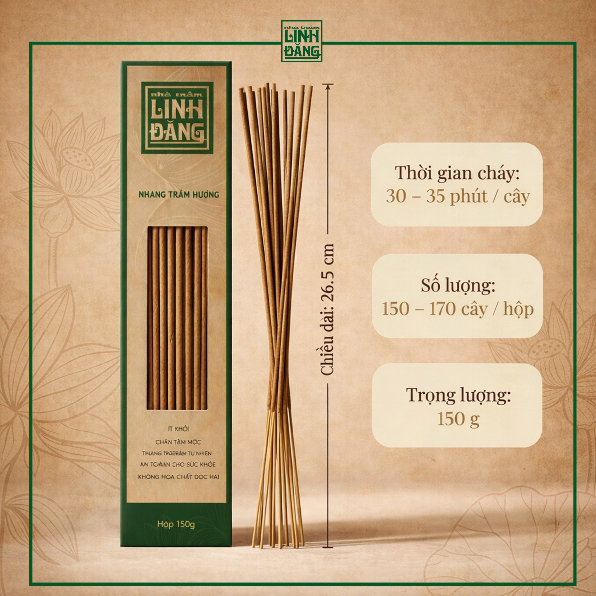 Nhang Trầm Hương Tự Nhiên 26.5cm Hộp 150g – Không Hương Liệu – Thờ Cúng – Nhà Trầm Linh Đăng