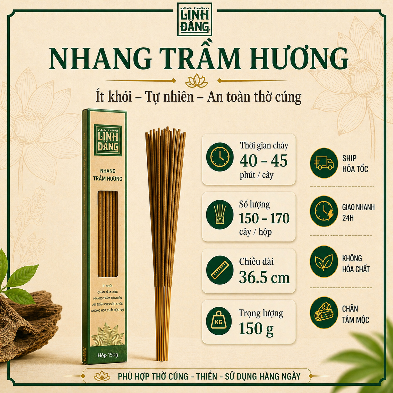 Nhang Trầm Hương Tự Nhiên 36.5cm Hộp 150g – Không Hương Liệu – Thờ Cúng – Nhà Trầm Linh Đăng