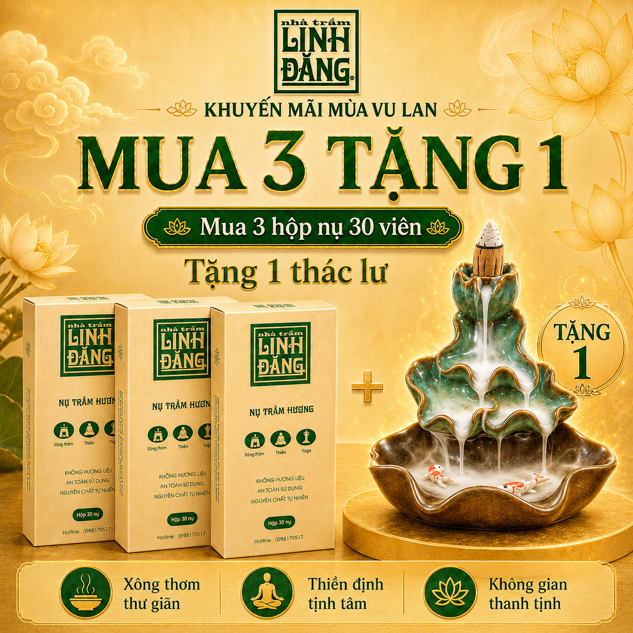 Combo 3 Hộp Nụ Trầm Hương Linh Đăng 30 Viên + 1 Thác  – Khuyến Mãi Mùa Vu Lan, Xông Thơm, Thiền, Thư Giãn