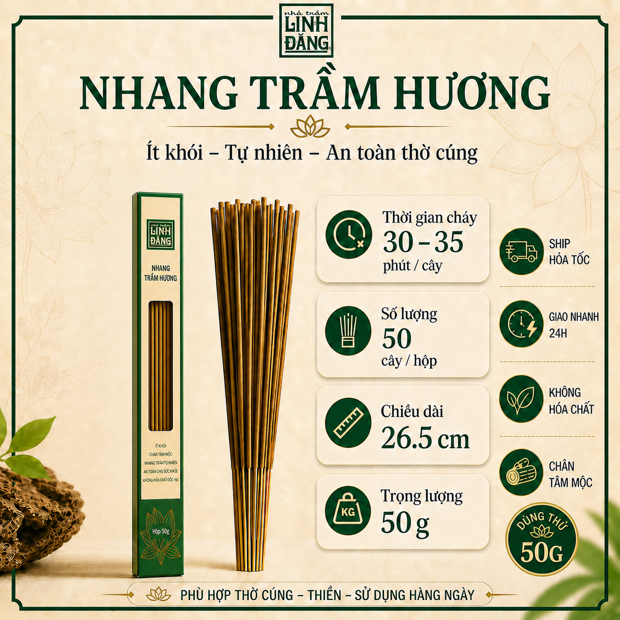 Nhang Trầm Hương Tự Nhiên 26.5cm Hộp 50g – Không Hương Liệu – Thờ Cúng – Nhà Trầm Linh Đăng