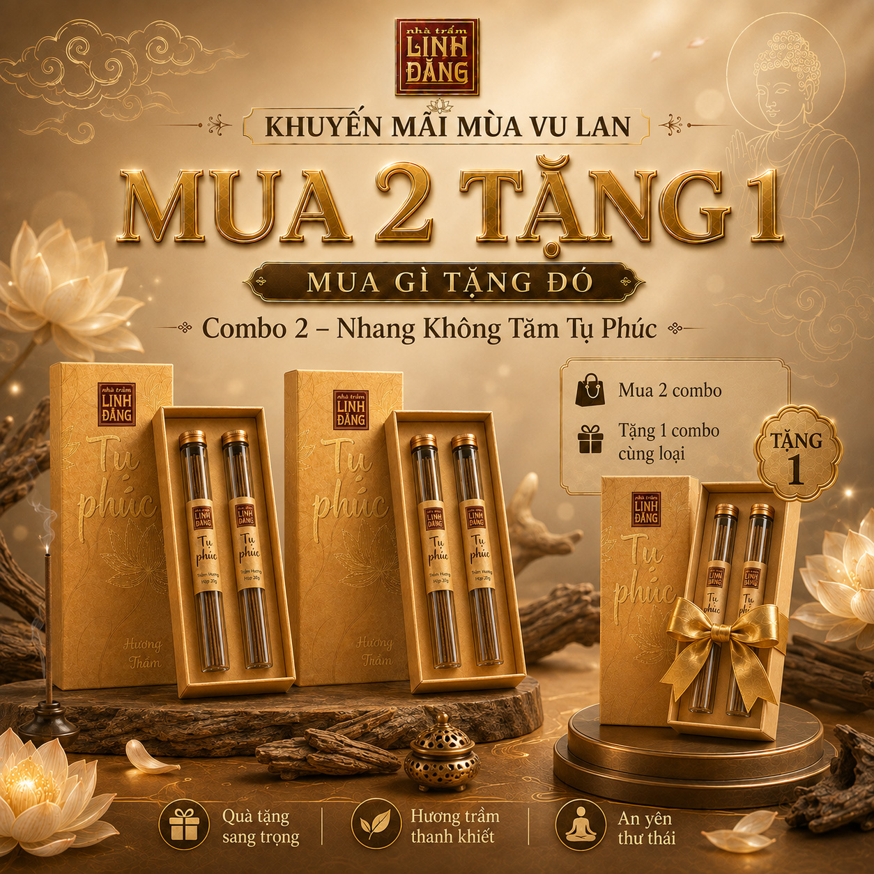 Combo Nhang Trầm Không Tăm Tụ Phúc Mua 2 Tặng 1 – Nhang Trầm Cao Cấp, Hương Thanh Nhẹ, Thiền & Xông Thơm