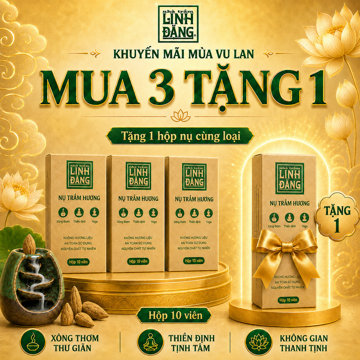 Combo 4 Hộp Nụ Trầm Hương Linh Đăng 10 Viên  – Khuyến Mãi Mùa Vu Lan, Xông Thơm, Thiền, Thư Giãn