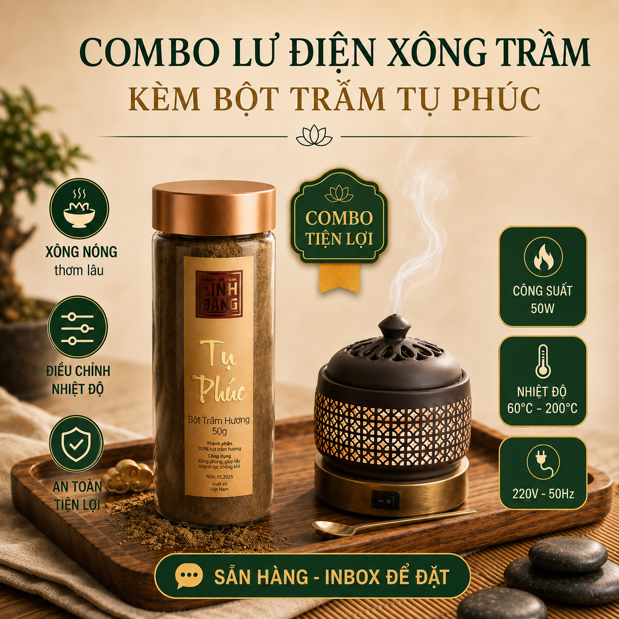 Combo Bột Trầm Tụ Phúc + Lư Điện An Toàn  – Combo Tiện Dụng cho Văn Phòng, Không gian kín