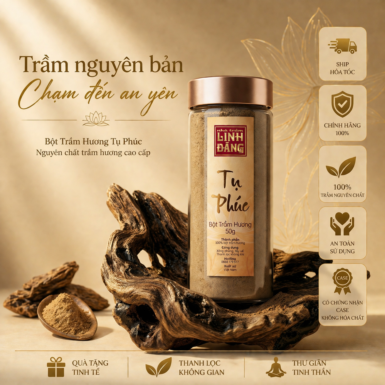 Bột Trầm Hương Tụ Phúc Nguyên Chất 50g  – Chiêu Tài Tụ Lộc, Không Pha Tạp, Thơm Sâu, An Toàn
