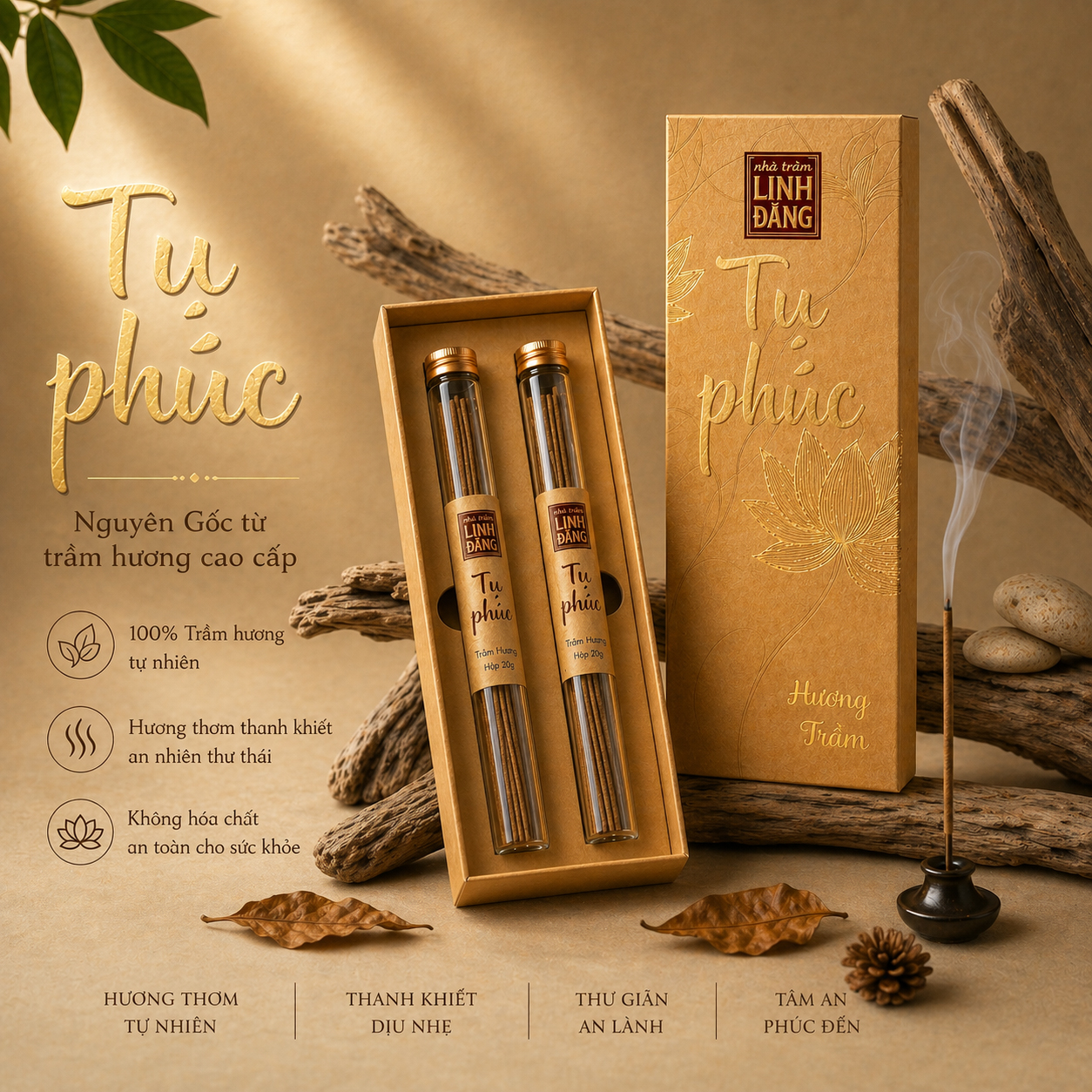 Combo Nhang Trầm Không Tăm Cao Cập Tụ Phúc + Khay Đốt Chạm Khắc | 100% Bột Trầm Cao Cấp