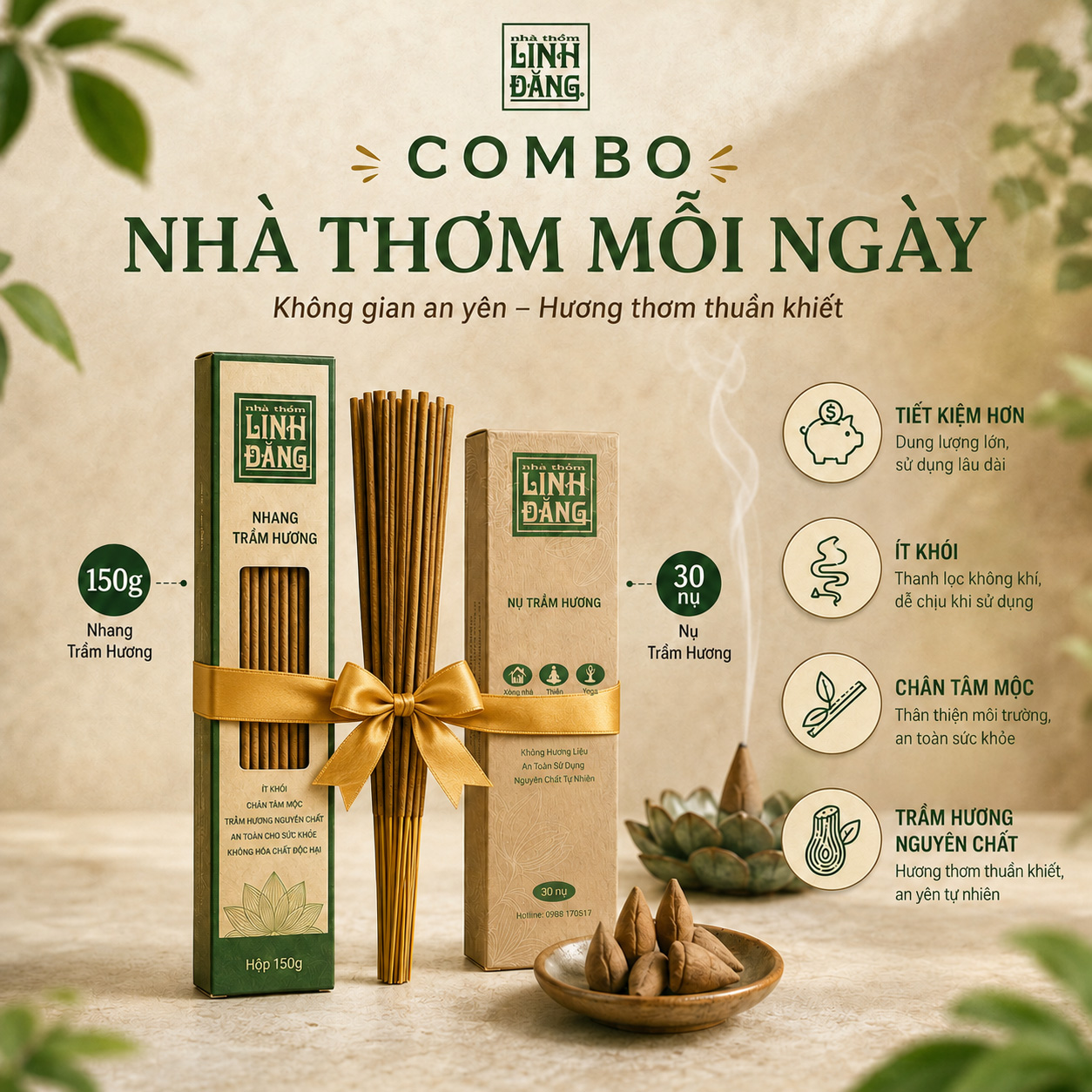 COMBO NHÀ THƠM MỖI NGÀY Nhang trầm 150g Dài 265 + Nụ trầm 30 viên