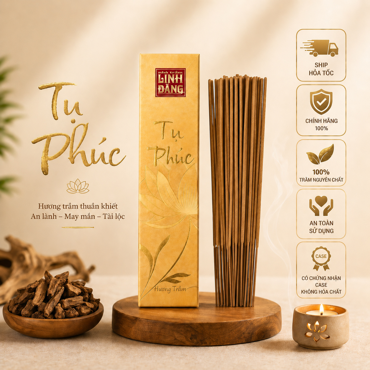 Nhang Trầm Hương Cao Cấp Tụ Phúc – Thơm Sâu, Lưu Hương Lâu, Tàn Sạch, Ít Khói | Hộp Kéo Nhũ Vàng Sang Trọng 50g/150g