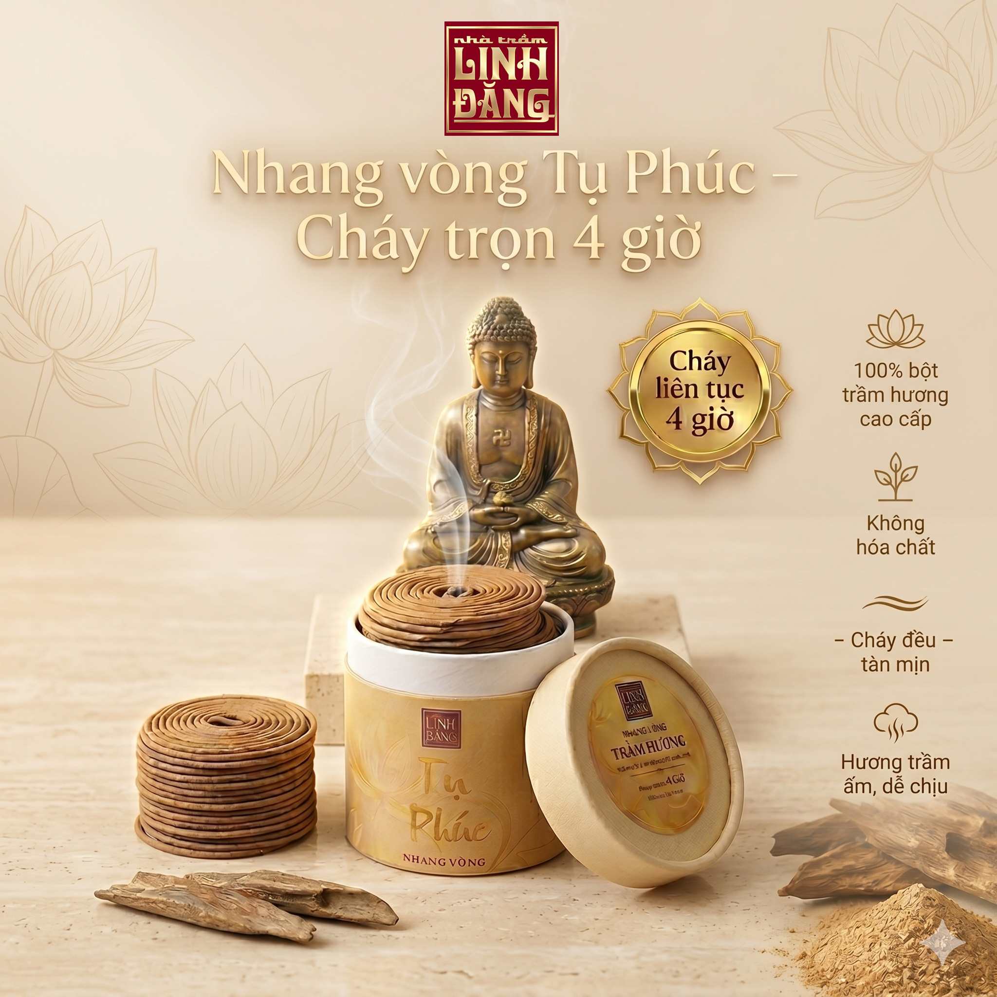 Nhang Vòng Trầm Hương Cao Cấp Tụ Phúc Cháy 4 Giờ -Trầm Ủ Lâu Năm, Ít Khói, Thơm Sâu, Yoga Thiền Định