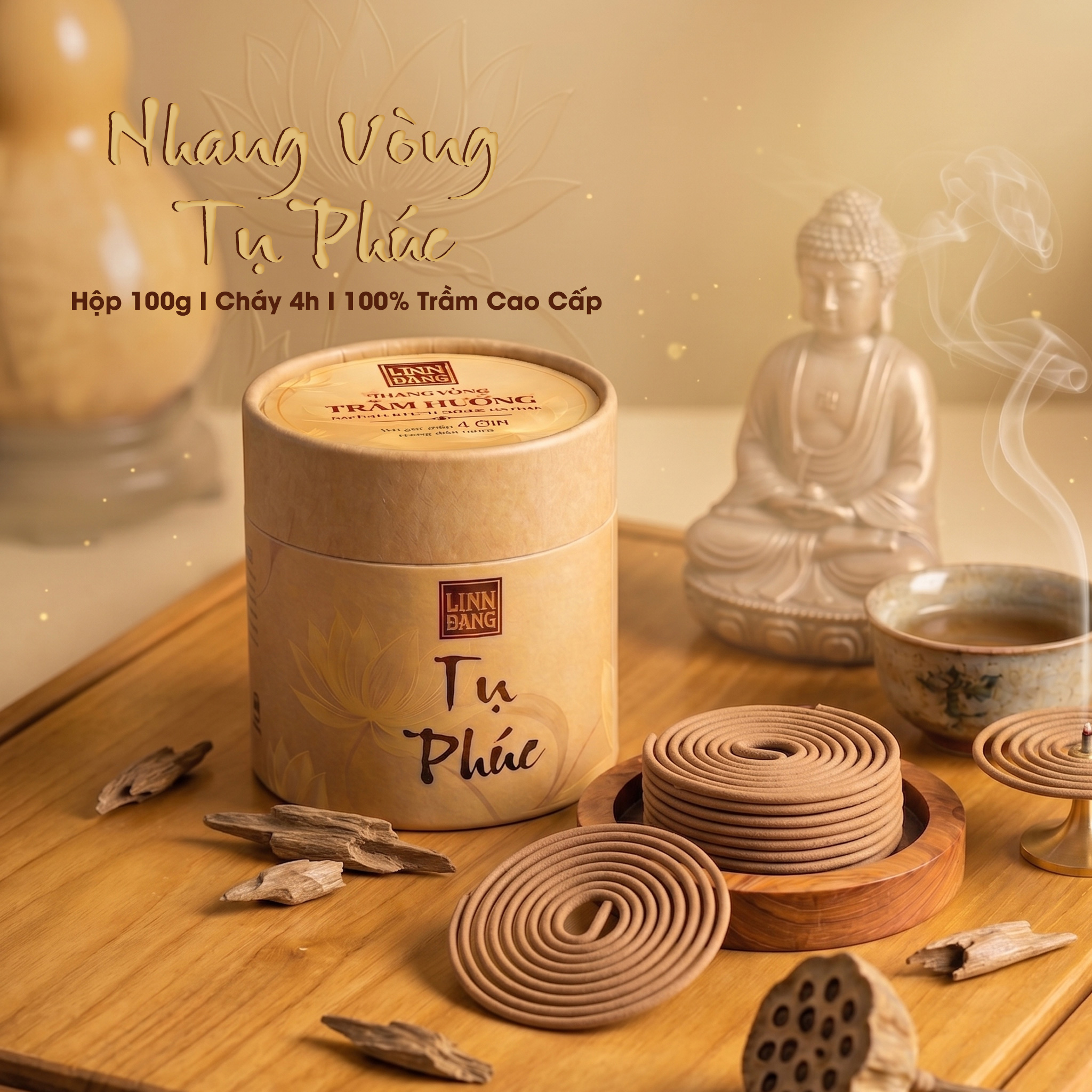 Nhang Vòng Trầm Hương Cao Cấp Tụ Phúc Cháy 4 Giờ -Trầm Ủ Lâu Năm, Ít Khói, Thơm Sâu, Yoga Thiền Định