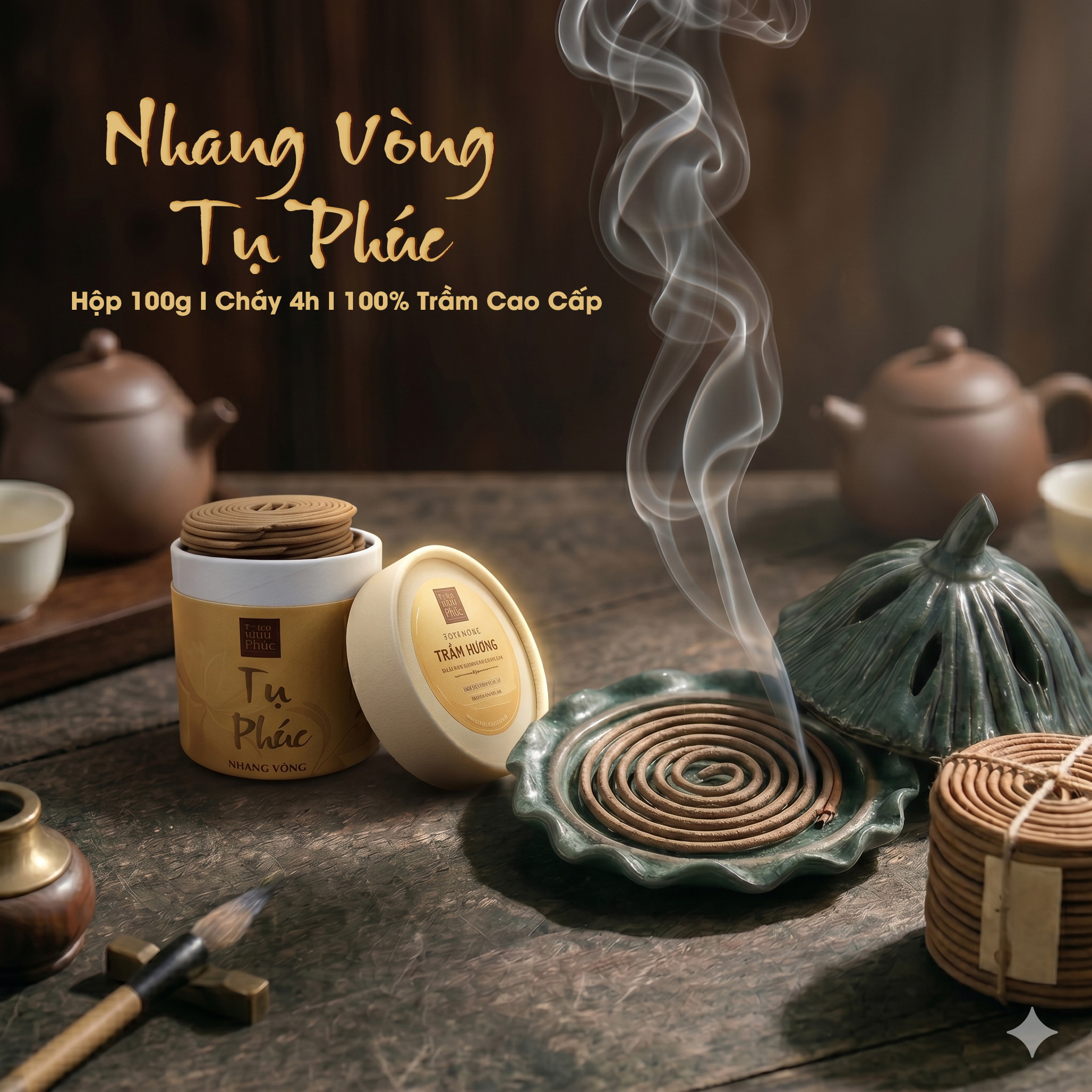 Nhang Vòng Trầm Hương Cao Cấp Tụ Phúc Cháy 4 Giờ -Trầm Ủ Lâu Năm, Ít Khói, Thơm Sâu, Yoga Thiền Định