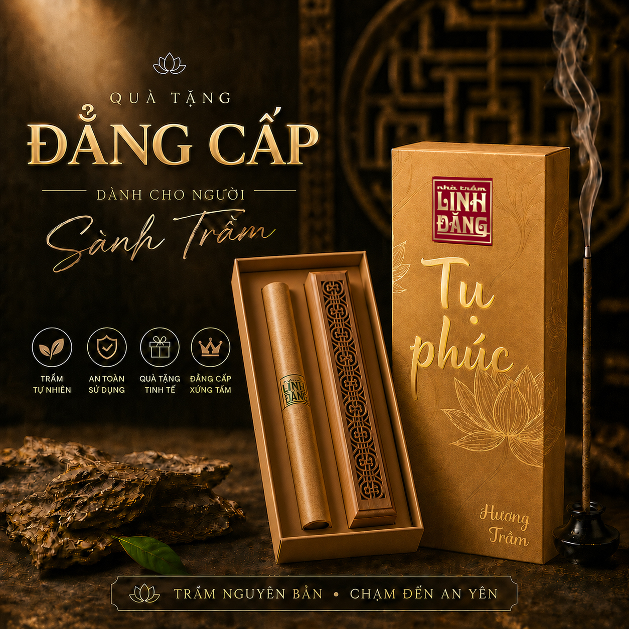 Combo Nhang Trầm Không Tăm Cao Cập Tụ Phúc + Khay Đốt Chạm Khắc | 100% Bột Trầm Cao Cấp