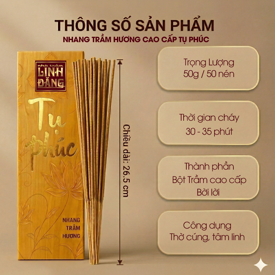 Nhang Trầm Hương Cao Cấp Tụ Phúc – Thơm Sâu, Lưu Hương Lâu, Tàn Sạch, Ít Khói | Hộp Kéo Nhũ Vàng Sang Trọng 50g/150g