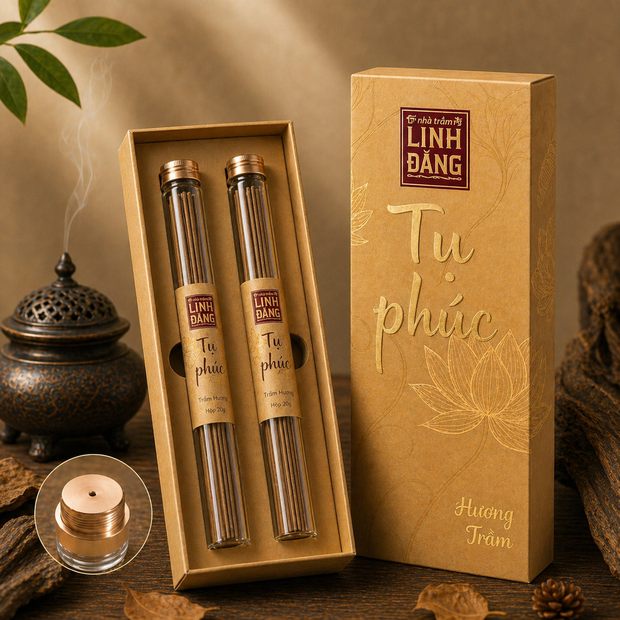 Combo Nhang Trầm Không Tăm Cao Cập Tụ Phúc + Khay Đốt Chạm Khắc | 100% Bột Trầm Cao Cấp