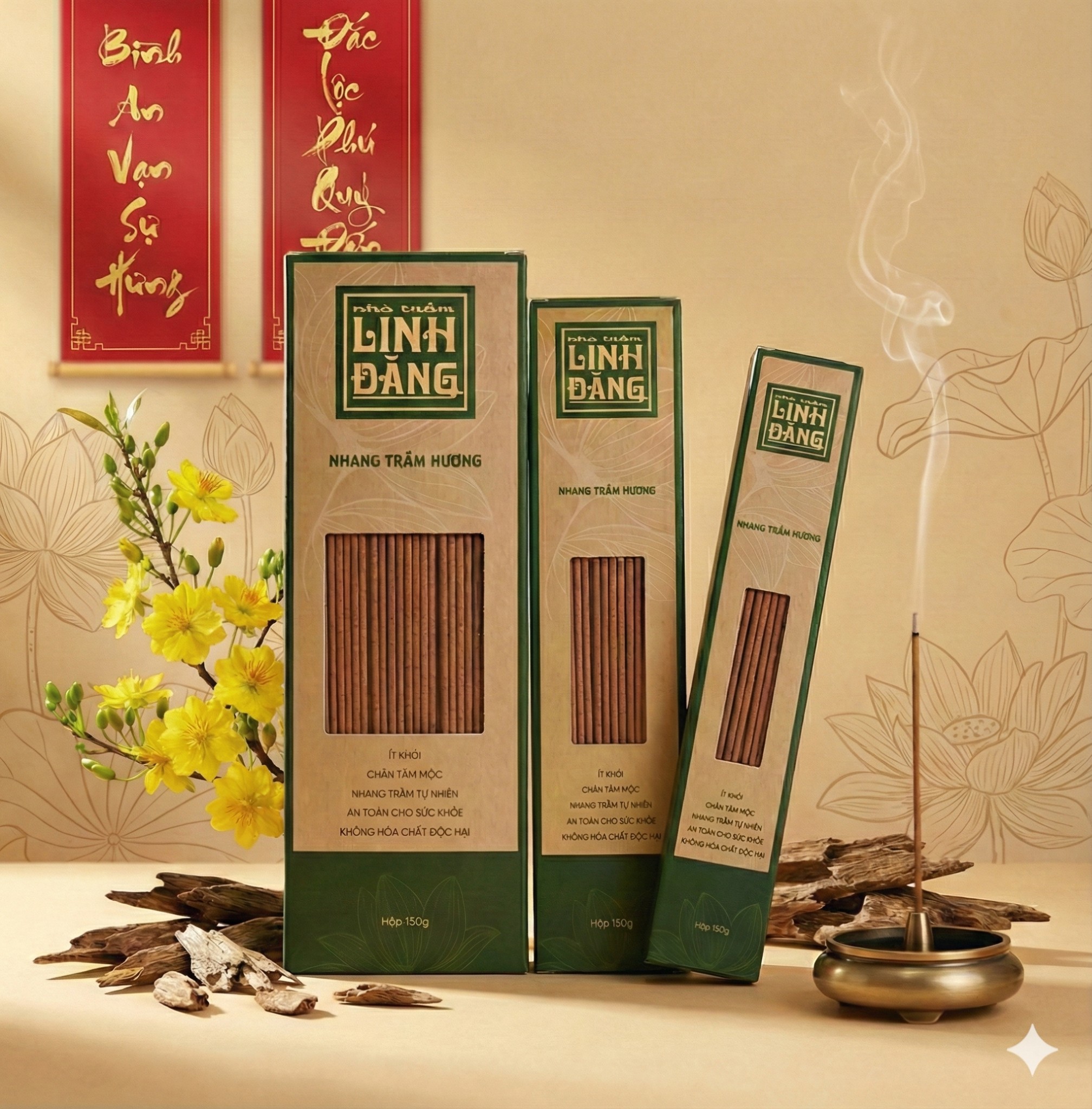 Combo 2 Hộp Nhang Trầm Hương Tự Nhiên 36.5cm Hộp 150g – Không Hương Liệu – Thờ Cúng – Nhà Trầm Linh Đăng