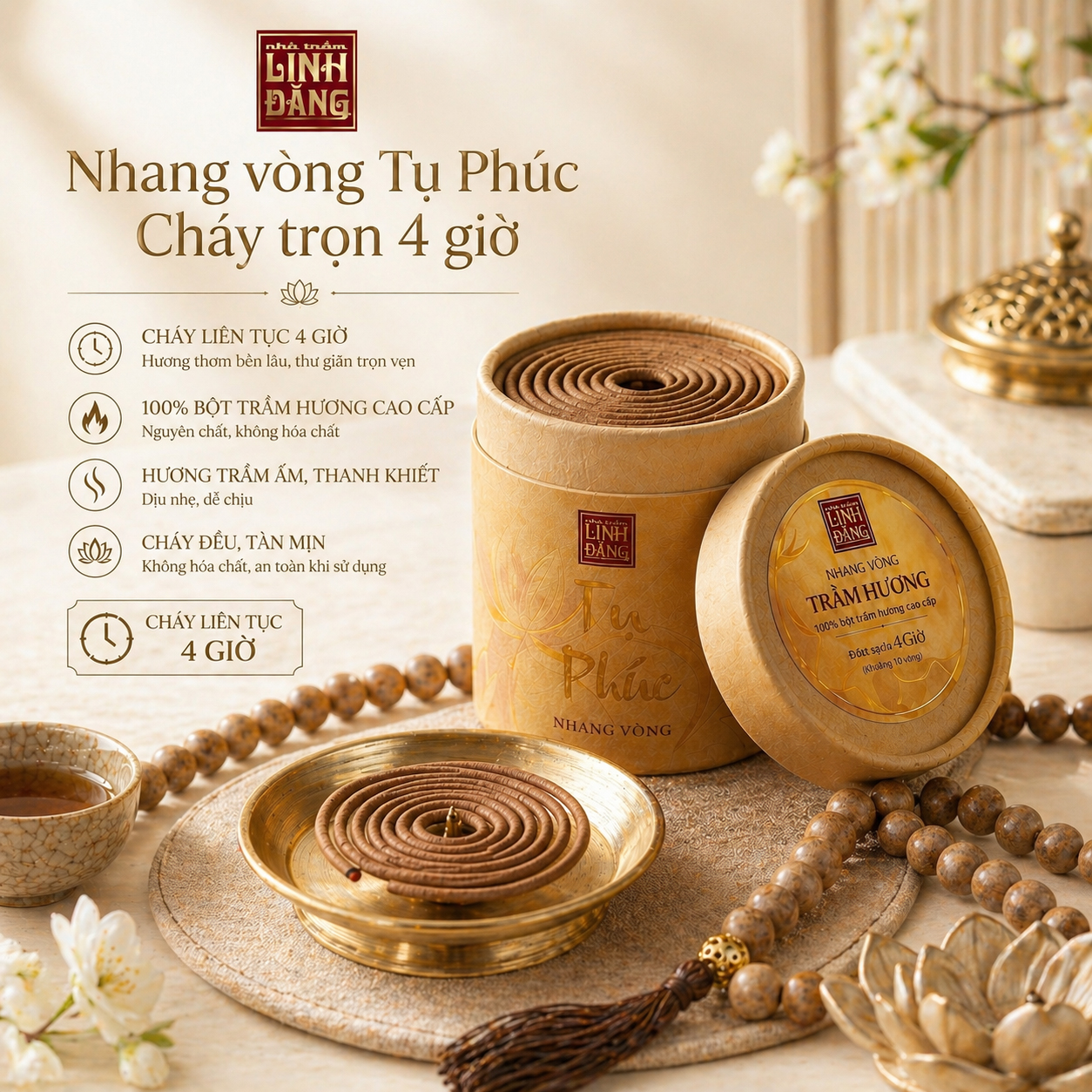 Nhang Vòng Trầm Hương Cao Cấp Tụ Phúc Cháy 4 Giờ -Trầm Ủ Lâu Năm, Ít Khói, Thơm Sâu, Yoga Thiền Định